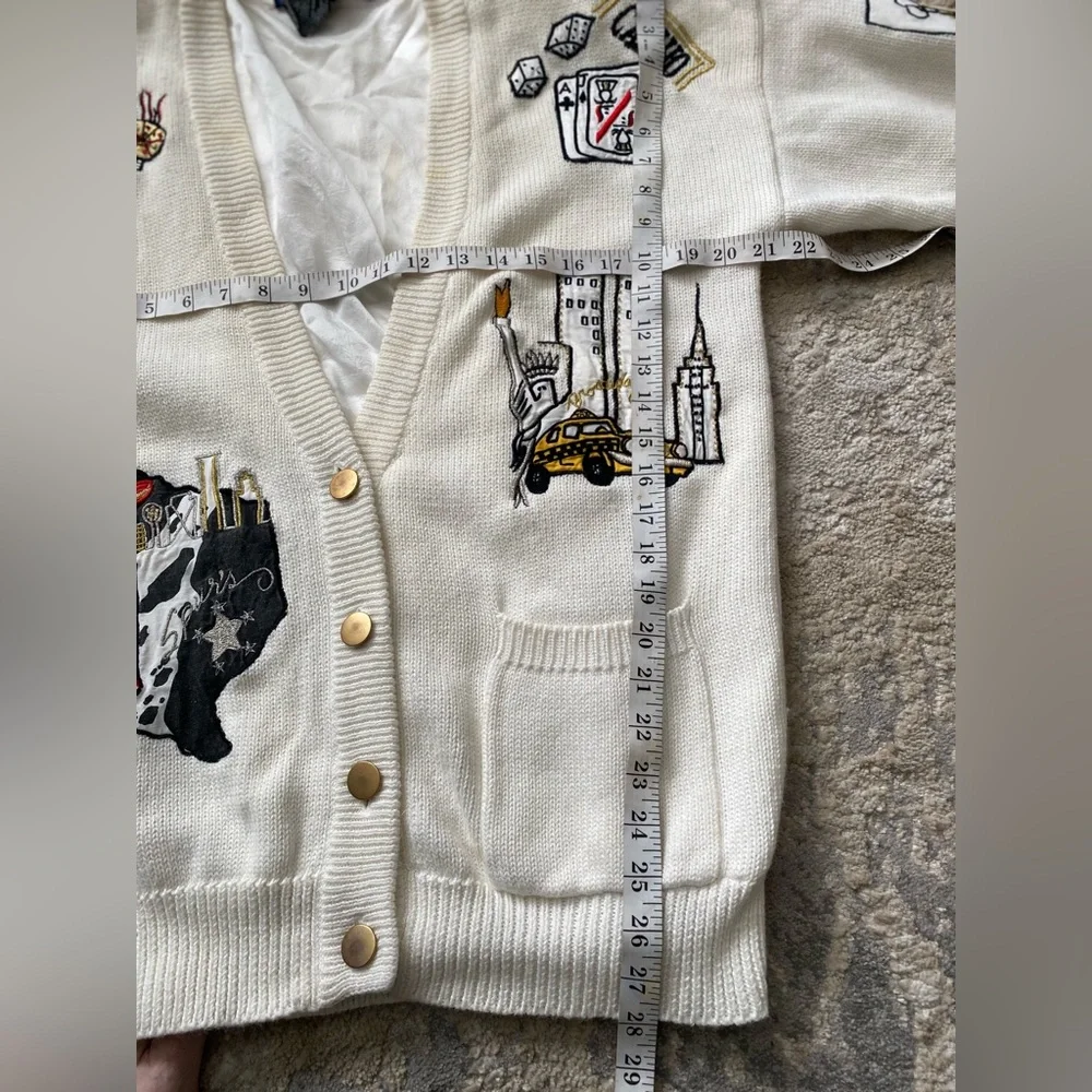Vintage 90s IB Diffusion White Knit Lined Cardigan Sweater Embroidered Patches S - Picture 9 of 9
